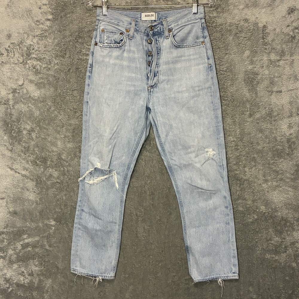 Agolde Women Riley High Rise Straight Crop Jean 25 Distressed Button Fly 90s